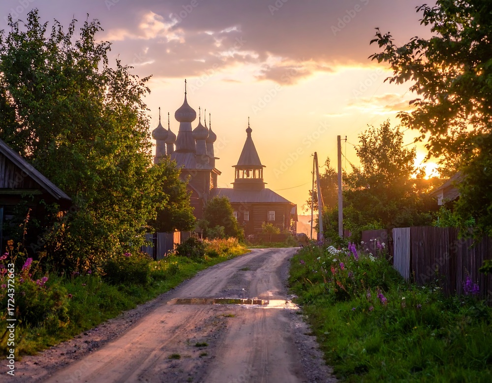 Fototapeta premium Rustic village church at sunset