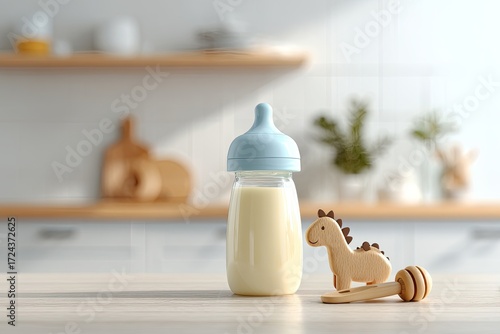 Baby bottle and wooden toy on a kitchen table