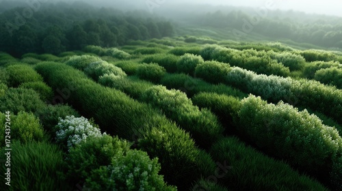 Aerial View of Green Solar Panel Field with Lush Trees Under Misty Sky Clean Energy Landscape