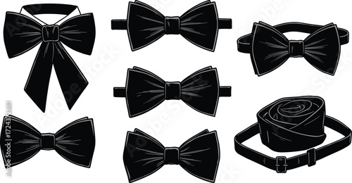Elegant black bow tie and neck accessory vector set featuring vintage, classic, modern, formal wear styles for men’s fashion illustration