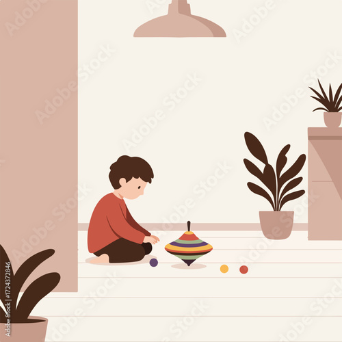 Child playing with a colorful spinning top in a neutral-toned room