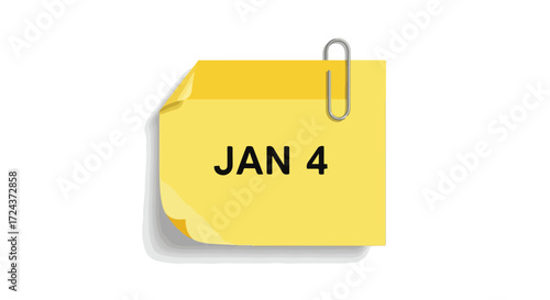 Simple reminder: yellow sticky note with the date january 4, clipped on a white surface background visual 3d conceptual minimal style design 2024