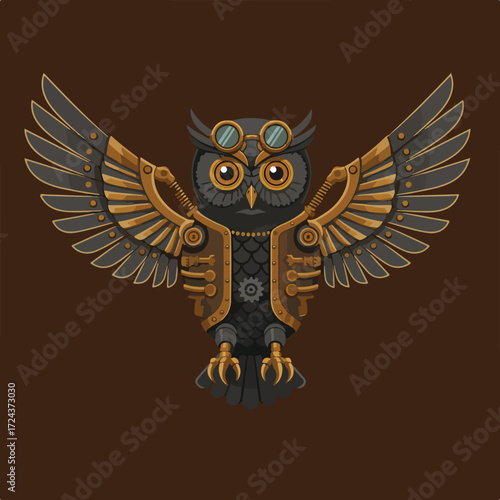 Steampunk-style owl with mechanical wings, gears, goggles, on brown background