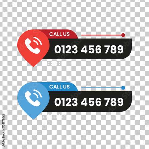 Call us button set with phone icon and number for contact, isolated on transparent background