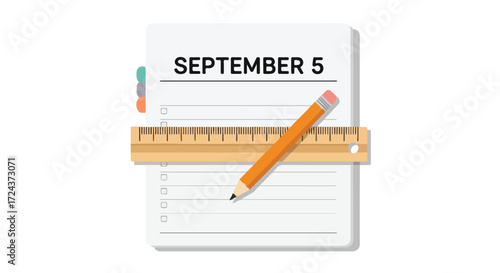 Illustrative flat lay of calendar with September 5th date, pencil, and ruler on white backdrop representing schedules and office supplies