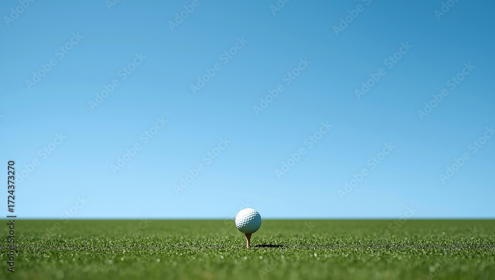 Fototapeta premium Golf Ball on Tee Under Vast Blue Sky A Perfect Drive Awaits