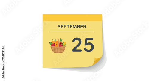 September 25th: Illustrated calendar page denoting autumn harvest festival concept and yearly seasonal thanksgiving commemoration date event
