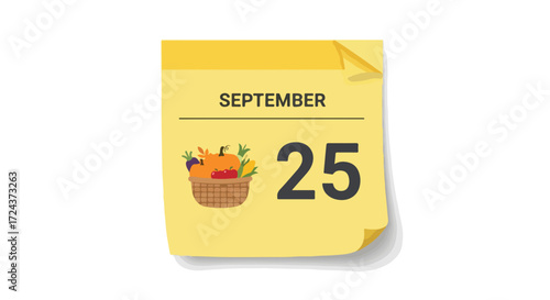 Calendar reminder for September 25th with autumnal harvest festival basket and yellow sticky note background symbolizing late September celebration