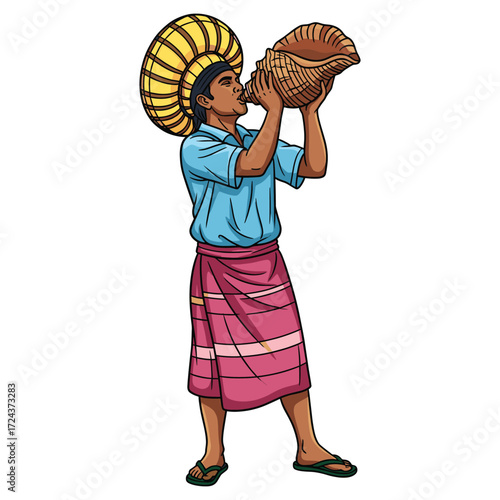 Vector Illustration of Woman Playing Horn in Traditional Attire in Modern Style with Bright Colors