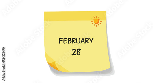 Yellow sticky note displaying February 28 with a sun icon, symbolizing the end of the month or specific event anticipation