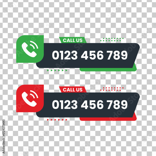 Call us button set with phone icon and number for contact, isolated on transparent background
