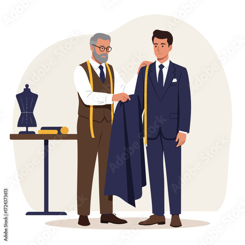Tailor fitting a navy suit, using measuring tape in workshop setting