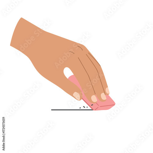 Hand using a pink eraser on a line, with bits coming off
