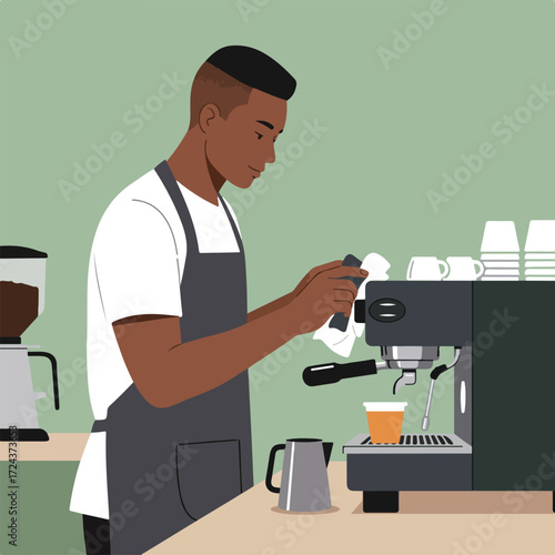 African American barista cleaning espresso machine on countertop