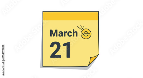 Illustration of March 21st date on a yellow sticky note with a doodle, representing equinox reminder with bright colors creating a minimalistic and