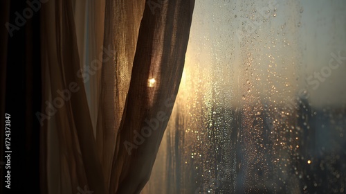 Rainy window with soft morning light through curtain.