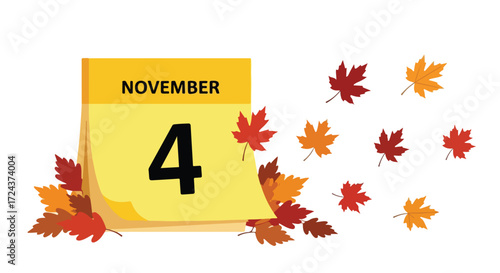Illustration displaying a calendar page for November 4th with falling autumn leaves creating a seasonal vibe