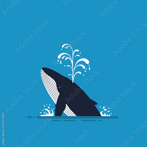 Whale breaching with water spouting from its blowhole, blue background