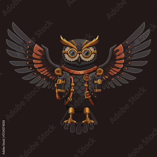Steampunk owl with outstretched wings, wearing goggles and a jacket