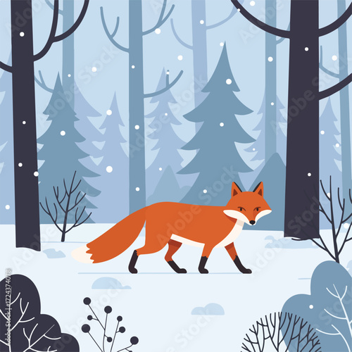 An orange fox walks through a snowy forest on a pale blue, wintry day