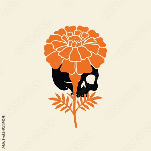 Stylized flower and skull image on beige background, in flat, graphic style