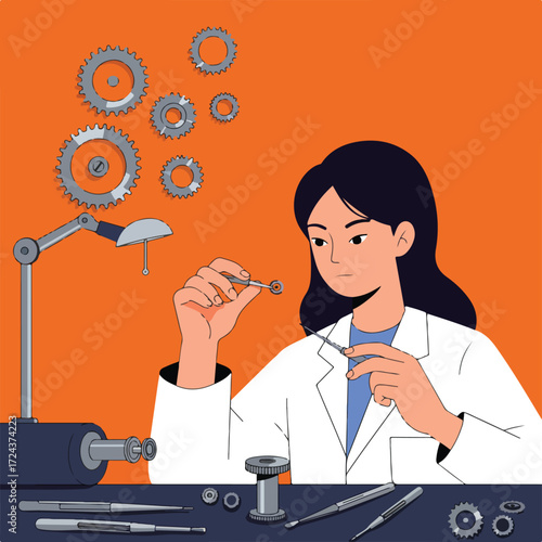 Woman in lab coat assembling gears with tools on orange background