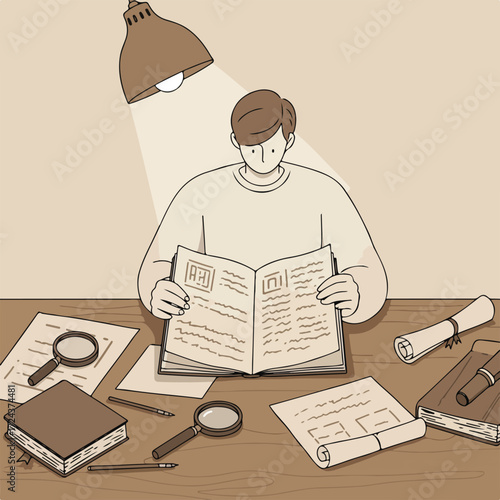 Studying person reading a book under lamp, with notes and magnifying glasses