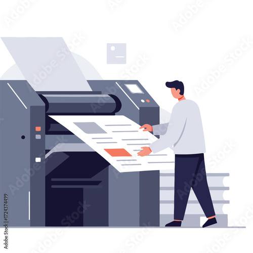 Person operating a gray printing press with paper