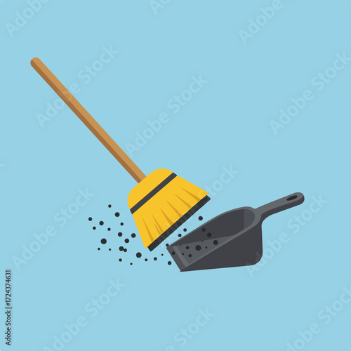 Broom and dustpan with debris against a light blue background