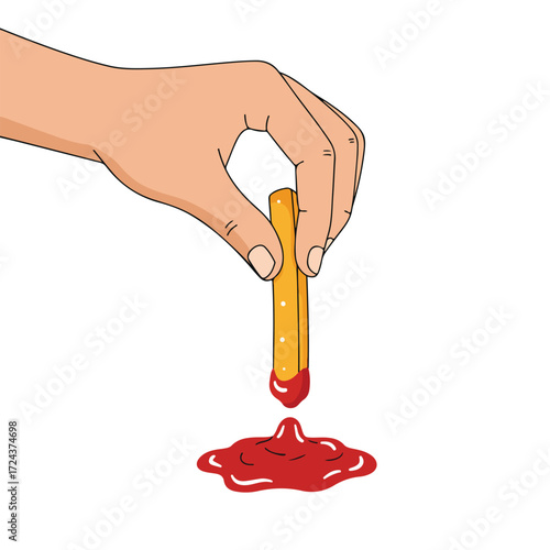 Hand dipping a cartoon fry in ketchup, red pool beneath on white background