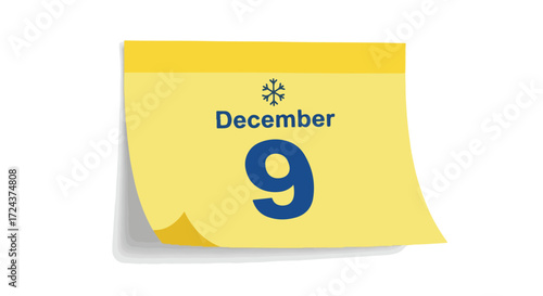 Conceptual illustration depicting December 9th on a yellow calendar page, emphasizing winter date marking and scheduling reminder, vector illustration