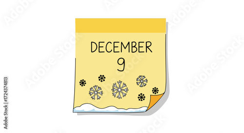 Festive December Ninth Calendar Page with Wintery Snowflakes and Hand-Drawn Style Detailing A Specific Date for Celebration of December ninth