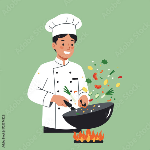 Chef stirs veggies in wok over flame, food flying, green background