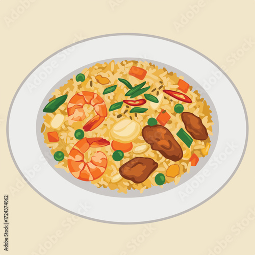 Shrimp fried rice on white plate with veggies and meat