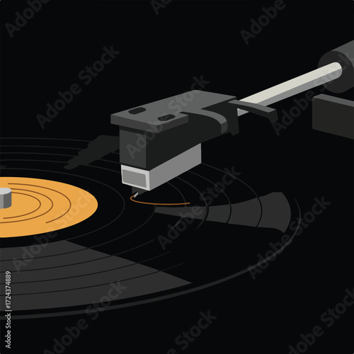 Isometric view of a record player with black vinyl and gray needle