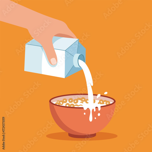Hand pouring milk from carton into cereal bowl, splash