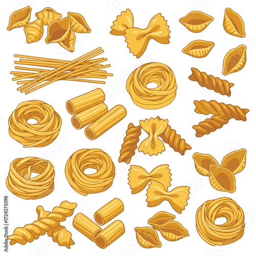 Assorted uncooked pasta shapes shells, spaghetti, farfalle, rotini, and nests