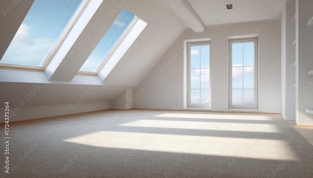 Fototapeta premium Empty attic room with large skylights