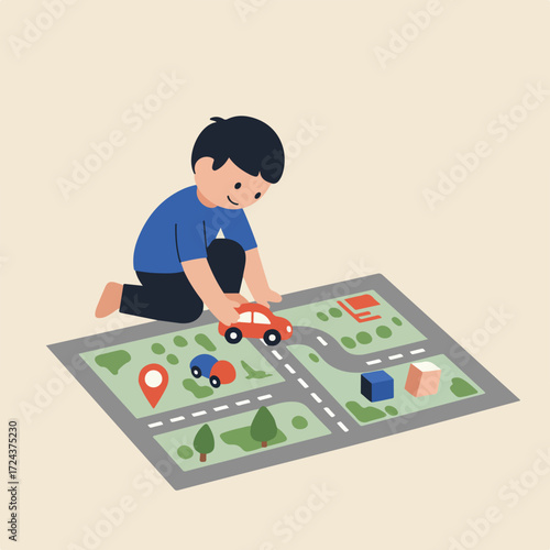 Boy plays with toy cars on a map of city streets in a vector illustration