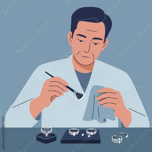 Jeweler cleaning rings with brush and cloth on a desk, flat vector style