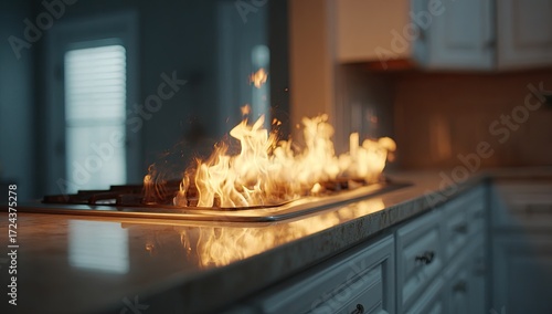 Kitchen fire, flames on stovetop