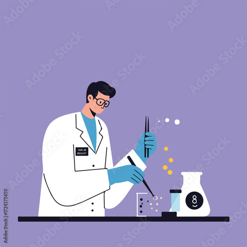 Scientist in lab coat using lab tools on purple backdrop