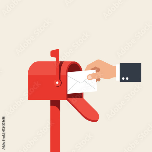 Hand places a letter in a red mailbox against a plain background