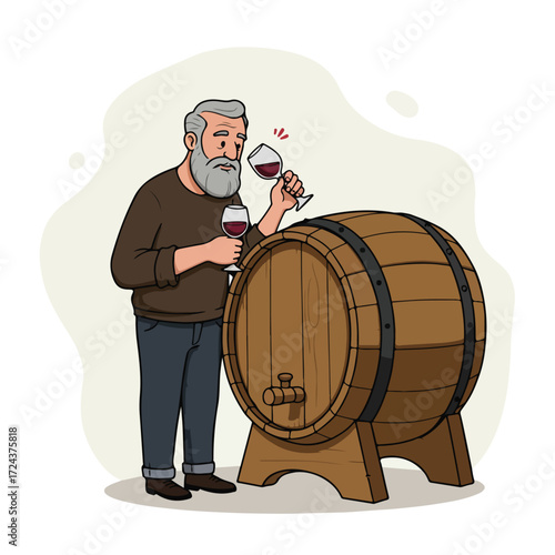 Cartoon man with wine glass, inspecting wooden barrel of aging wine