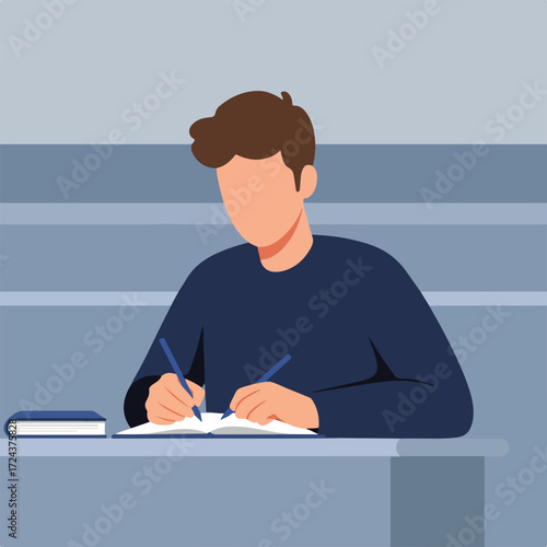 Student writes in notebook, seated at a desk in a classroom