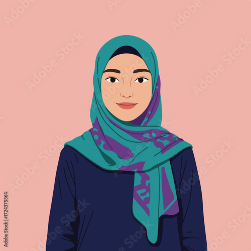 Woman in a hijab and navy shirt on pink background