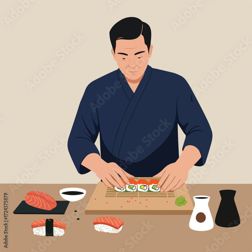 Chef making sushi at table, soy sauce, salmon, wasabi, rice