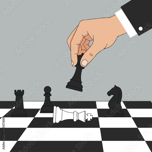 Checkmate Hand moves a black queen on a chessboard with fallen white king