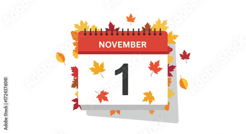 Illustrative November Calendar Page with Falling Autumn Leaves on a Clean Background Graphic 64 characters