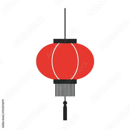 Simple red Chinese lantern with black tassels isolated on white backdrop